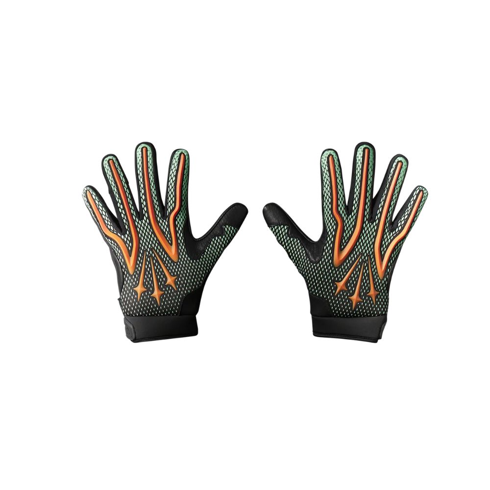 Pair of black gloves with orange accents on a white background