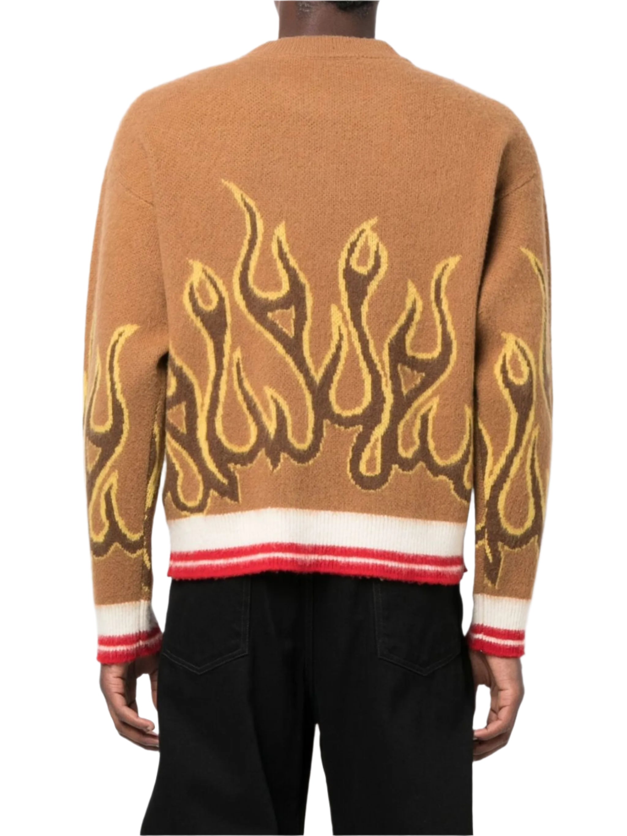 Brown sweater with flame design on the back worn by a person, on a white background