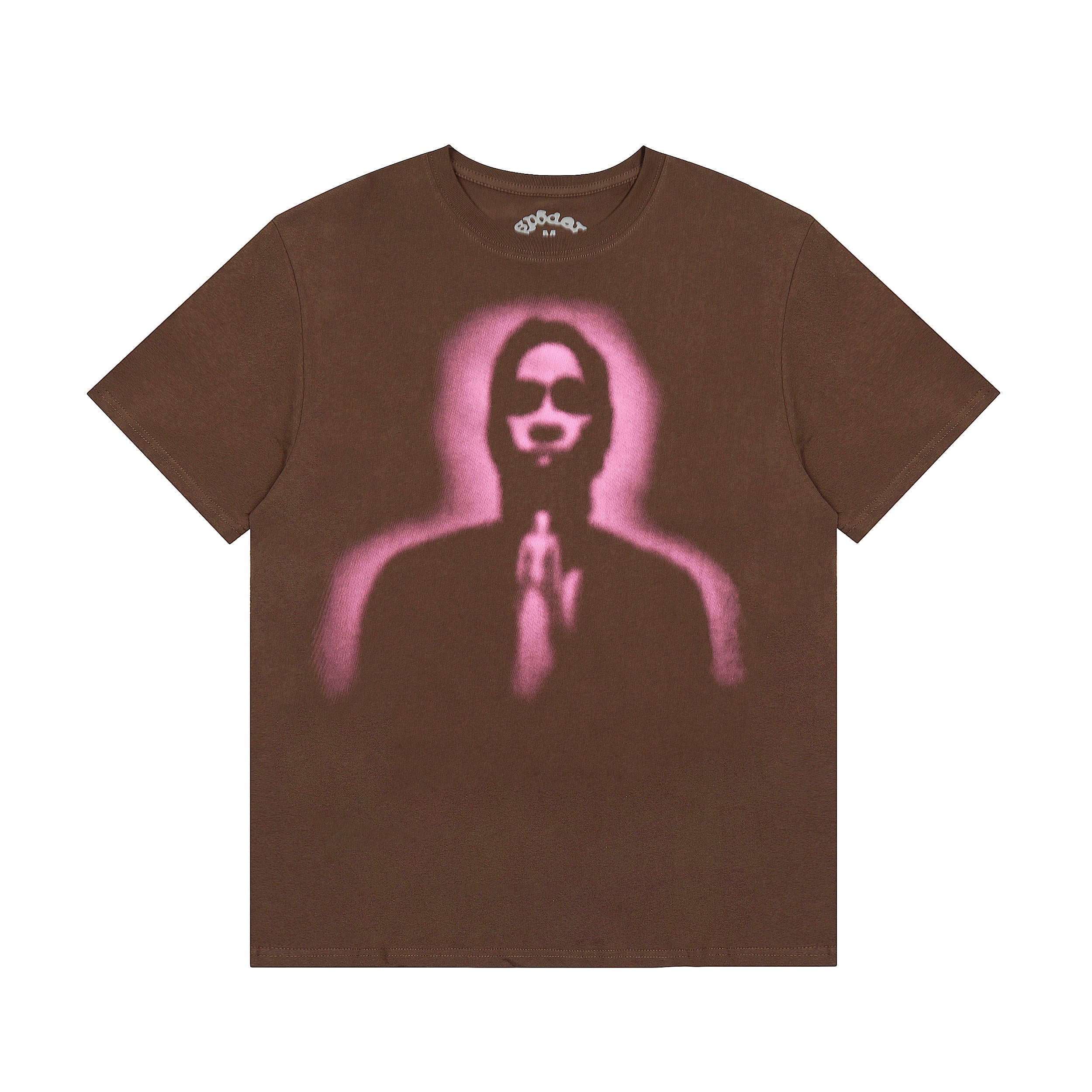 Brown t-shirt with a pink graphic of a person praying on a white background