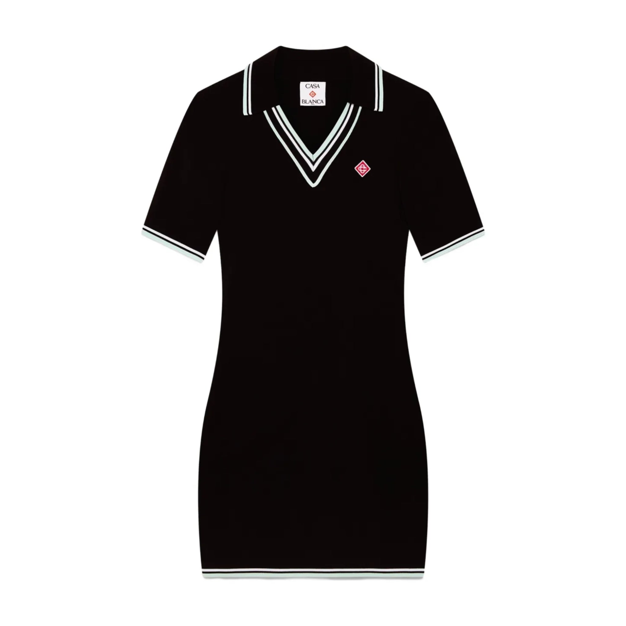 Black dress with white trim on a white background