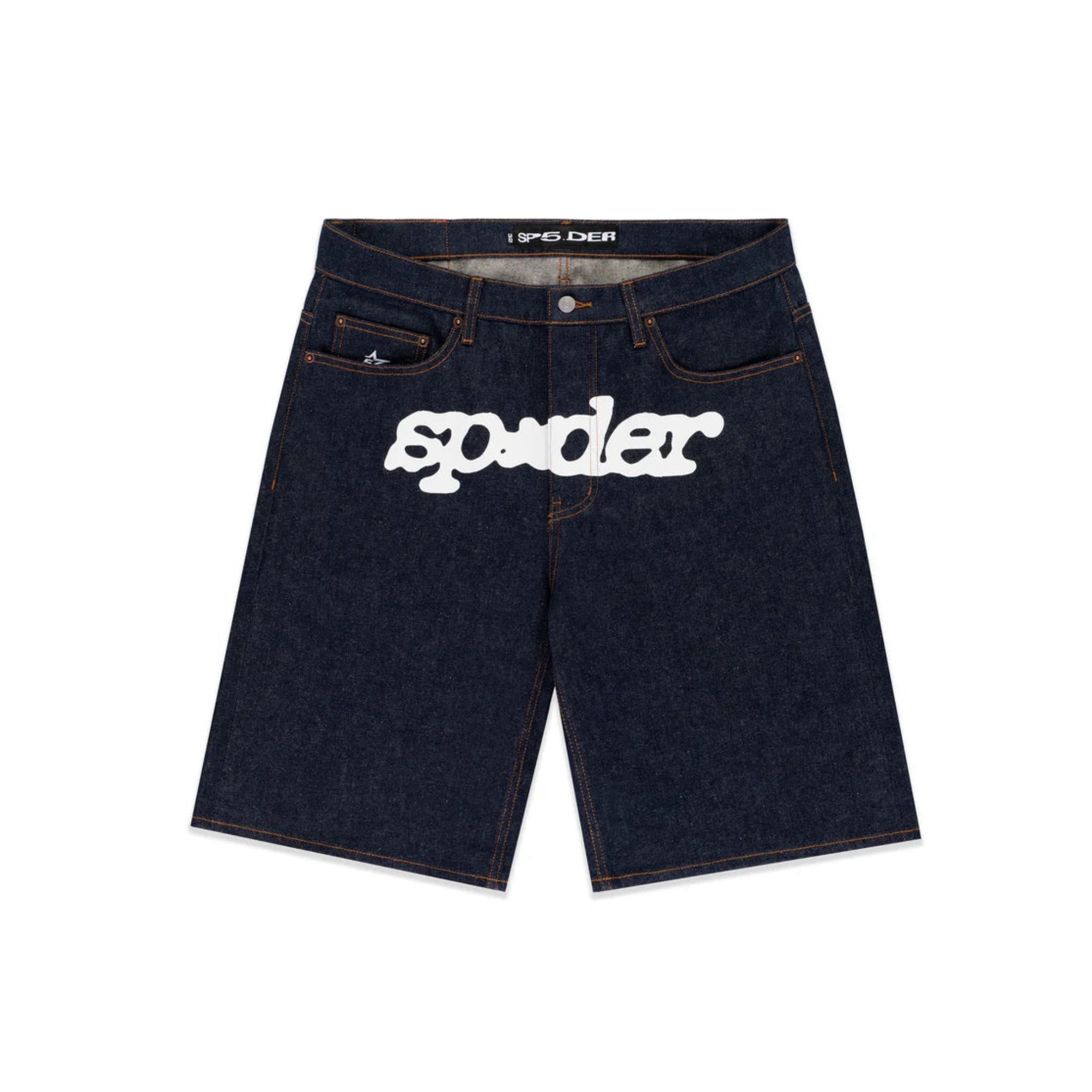 Denim shorts with a brand logo on a white background