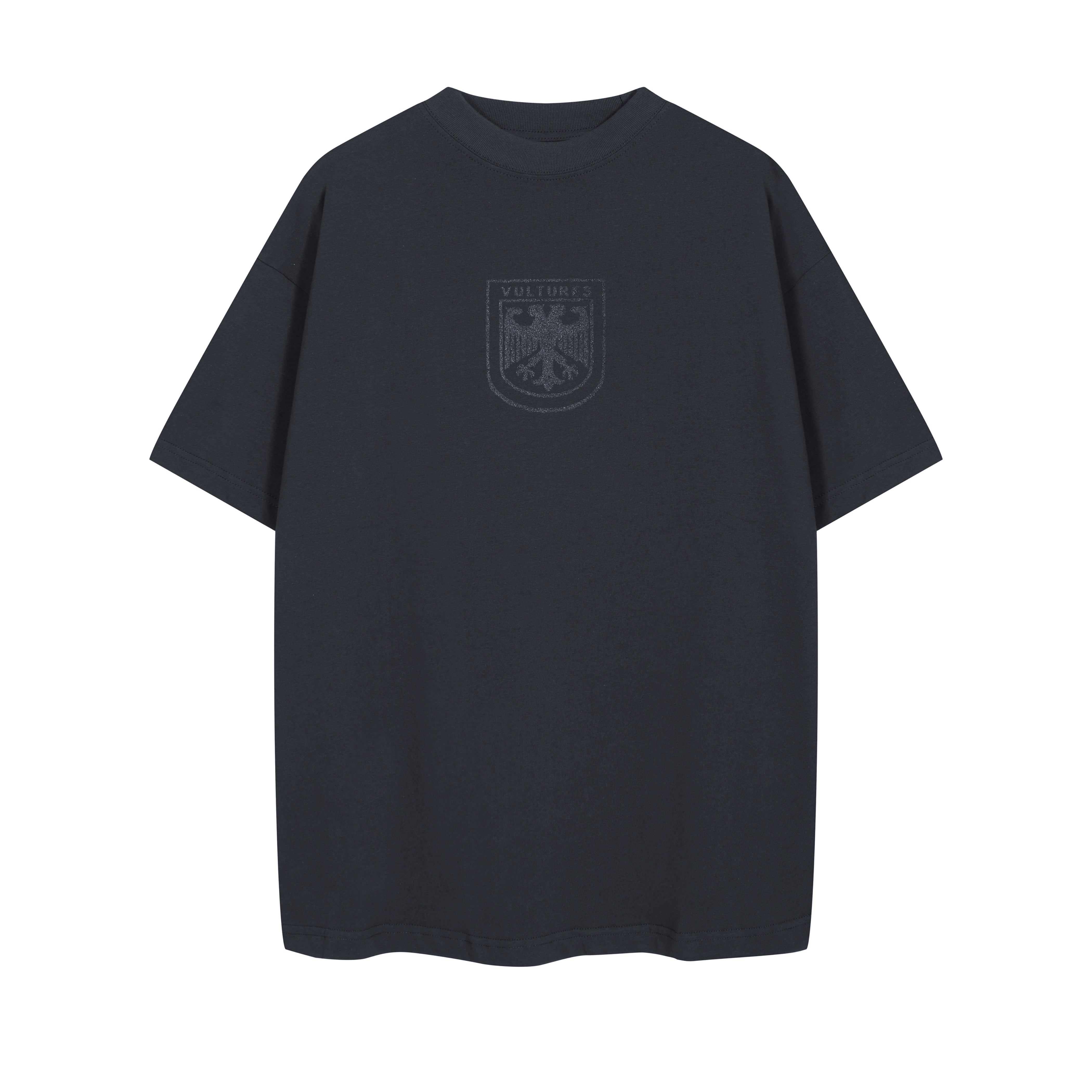 Black t-shirt with a logo on the chest against a white background