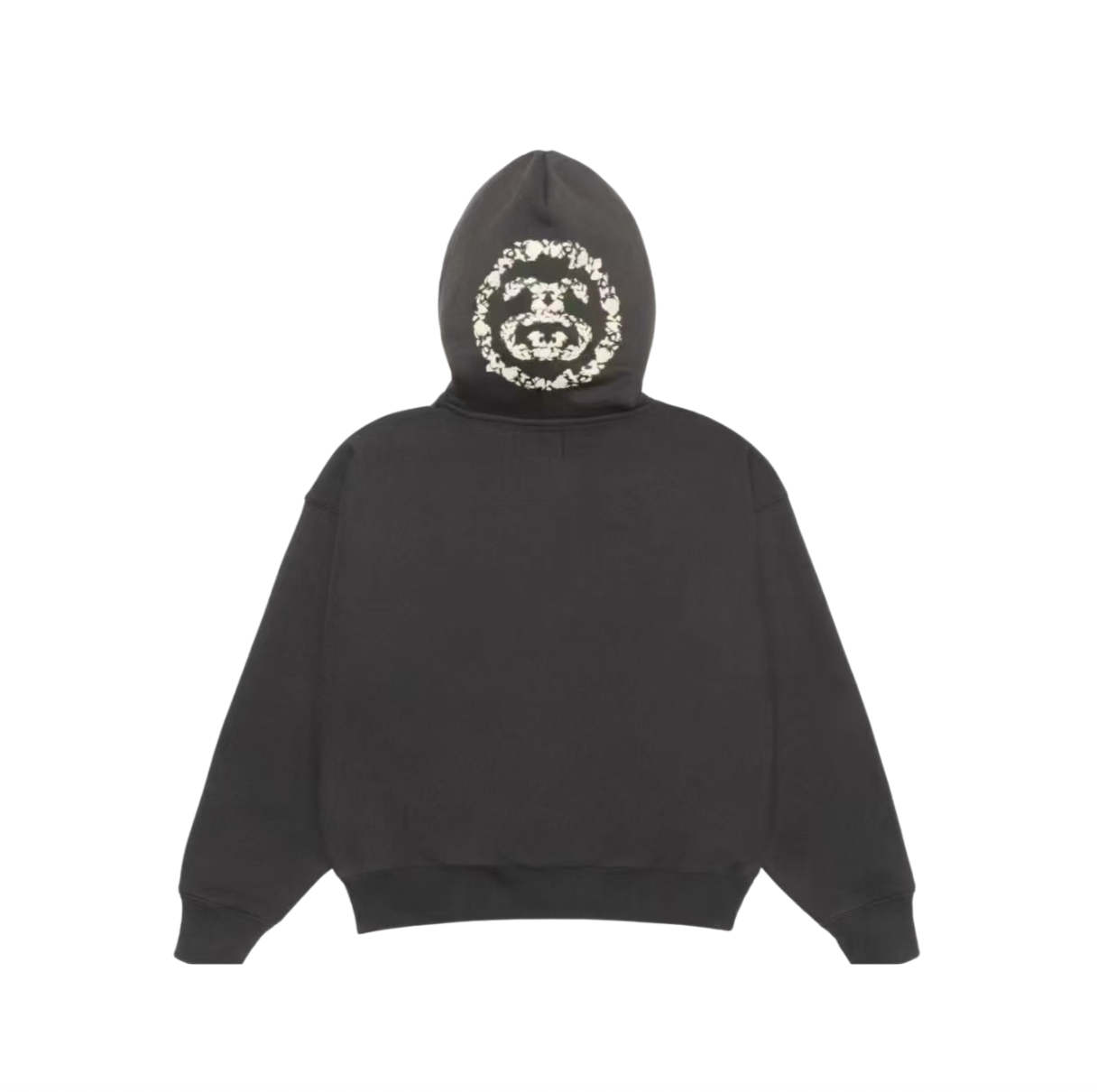 Black hoodie with floral design on the hood against a white background