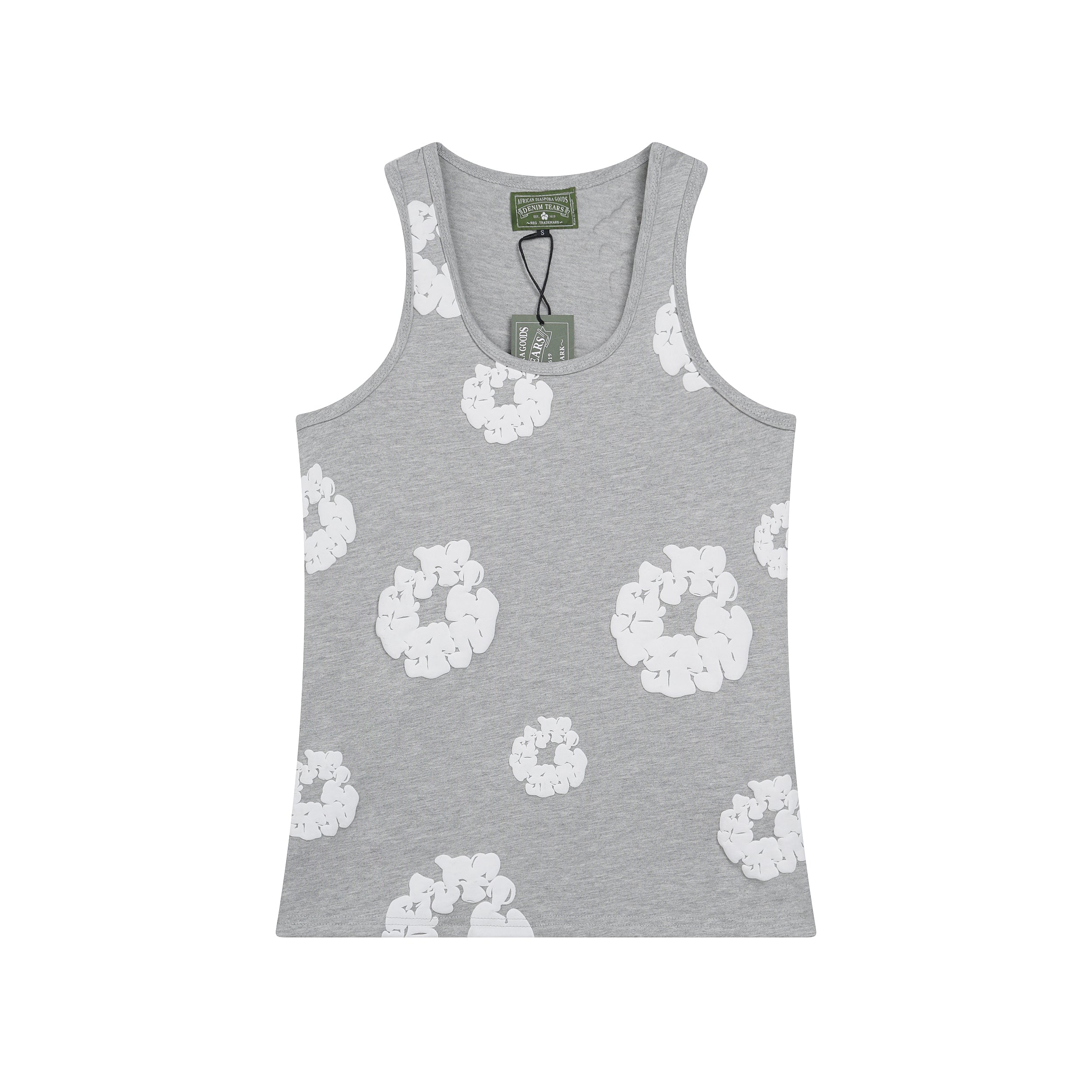 Gray tank top with white floral patterns on a white background