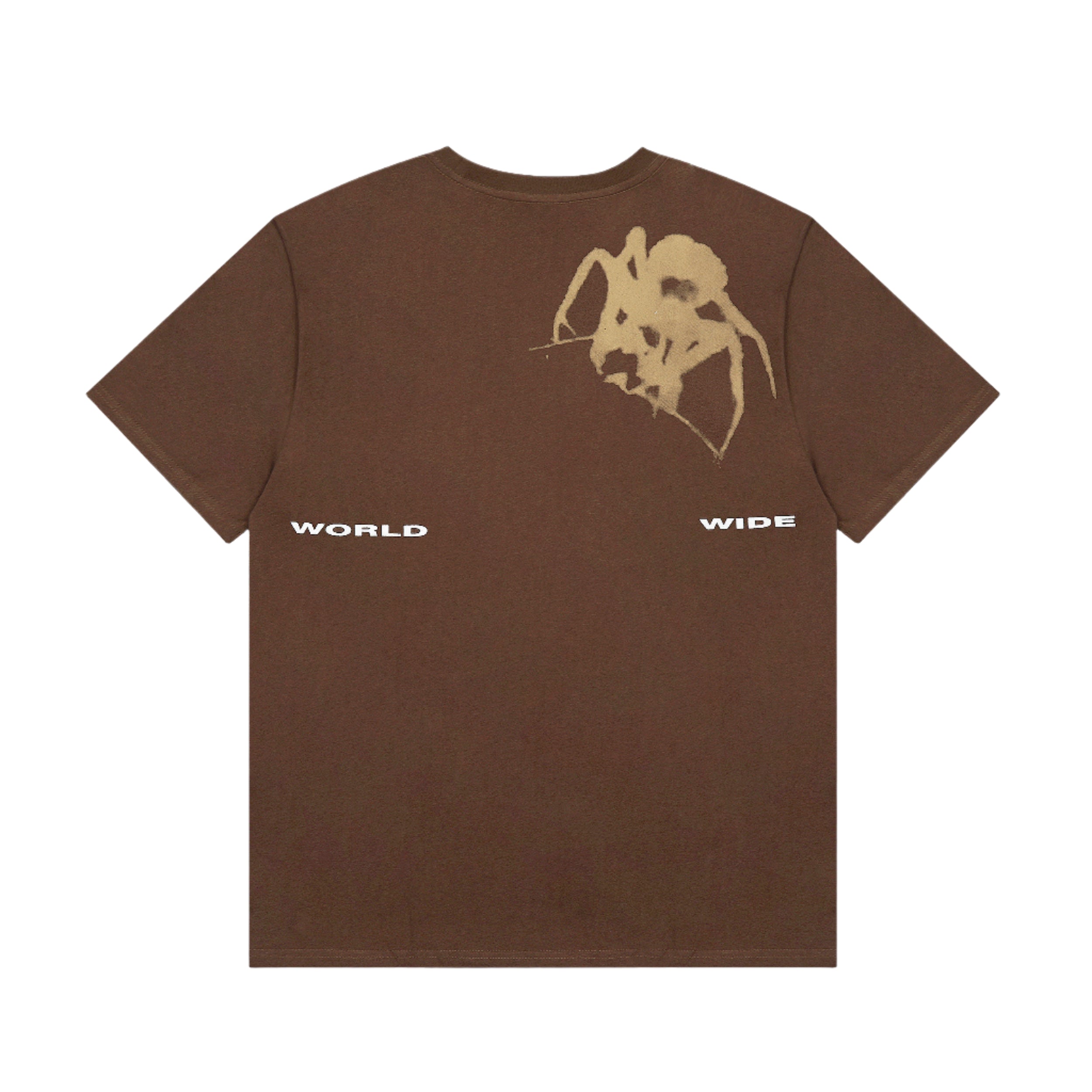 Brown t-shirt with a spider graphic and 'WORLD WIDE' text on a white background