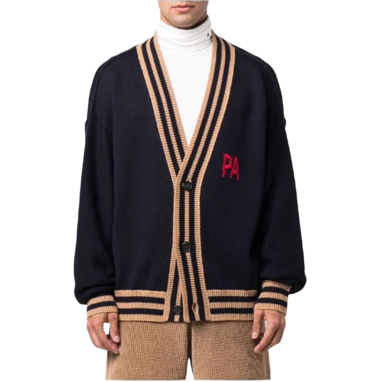 Black cardigan with beige trim and red logo on a white background