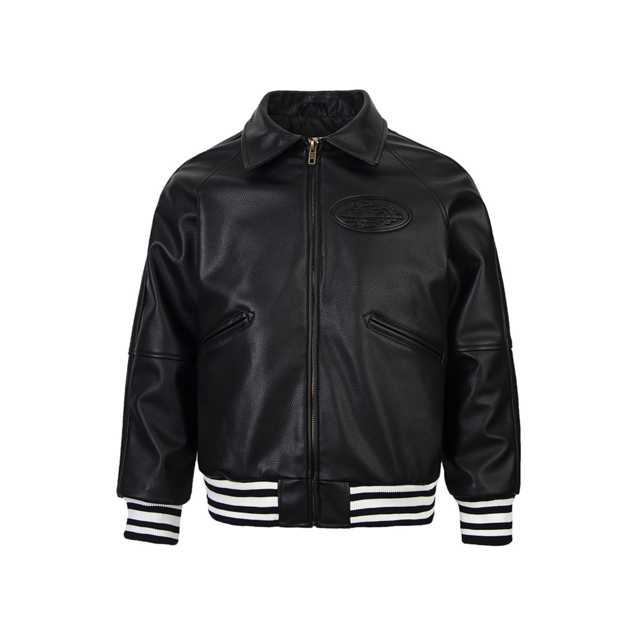 Black leather jacket with white stripes on cuffs and hem on a white background