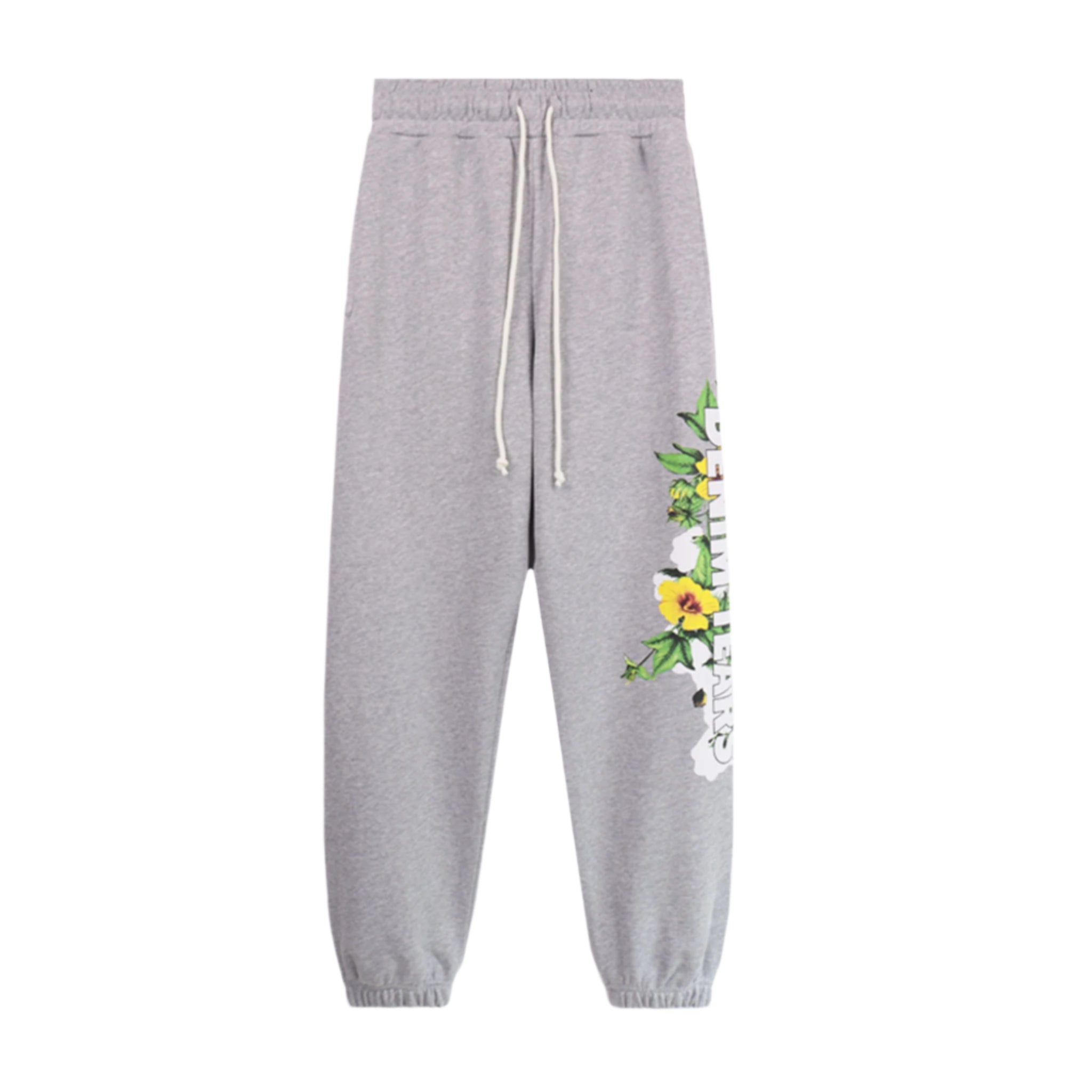 Gray sweatpants with floral design on a white background
