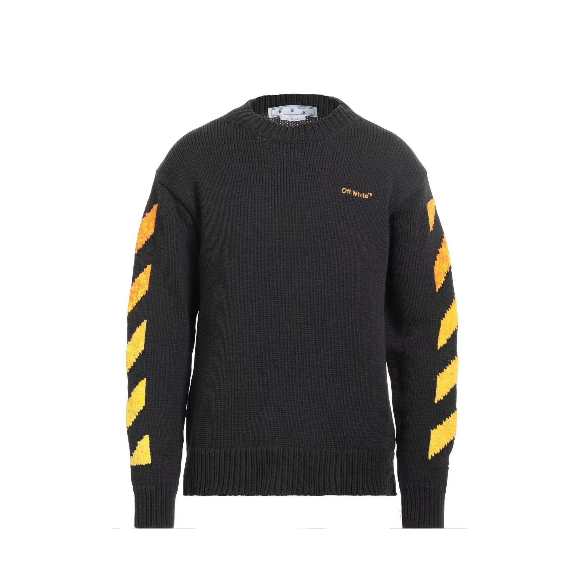 Black sweater with yellow striped sleeves on a white background