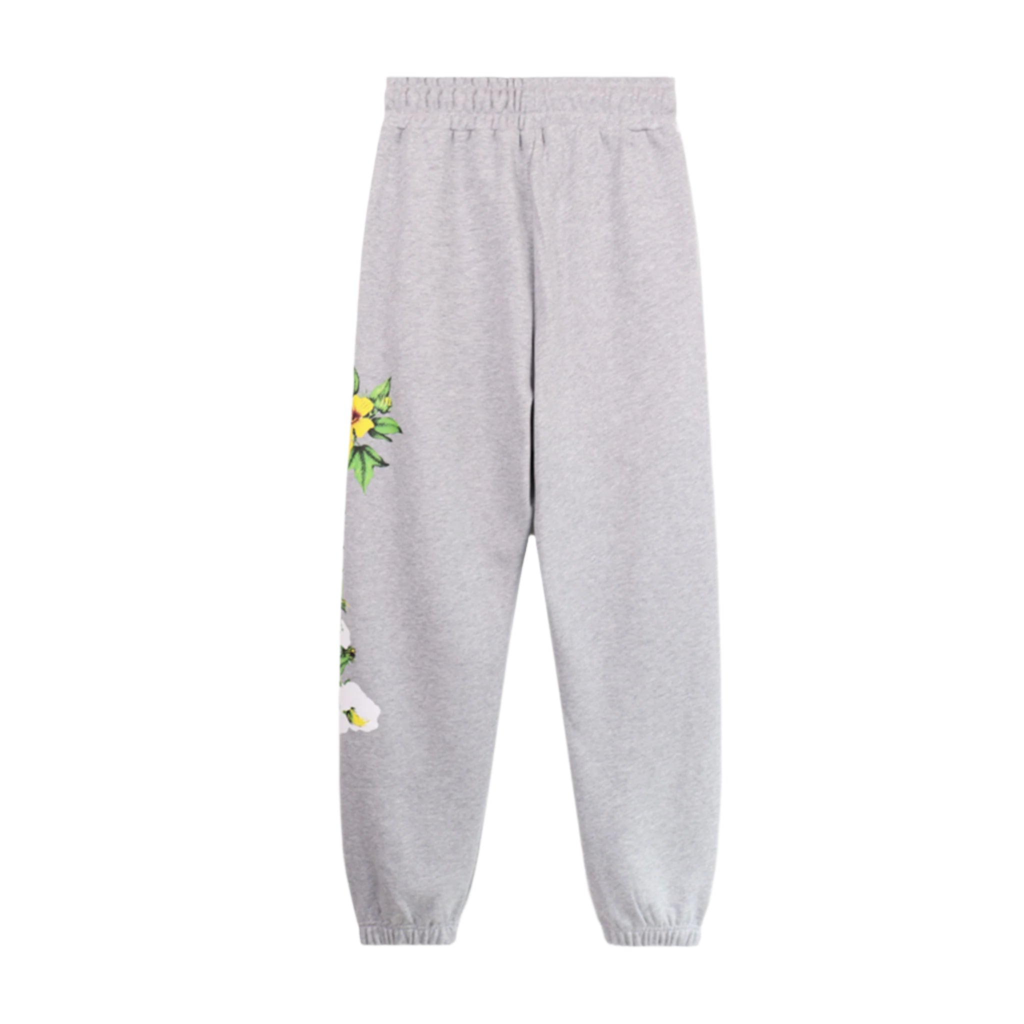Gray sweatpants with floral designs on a white background