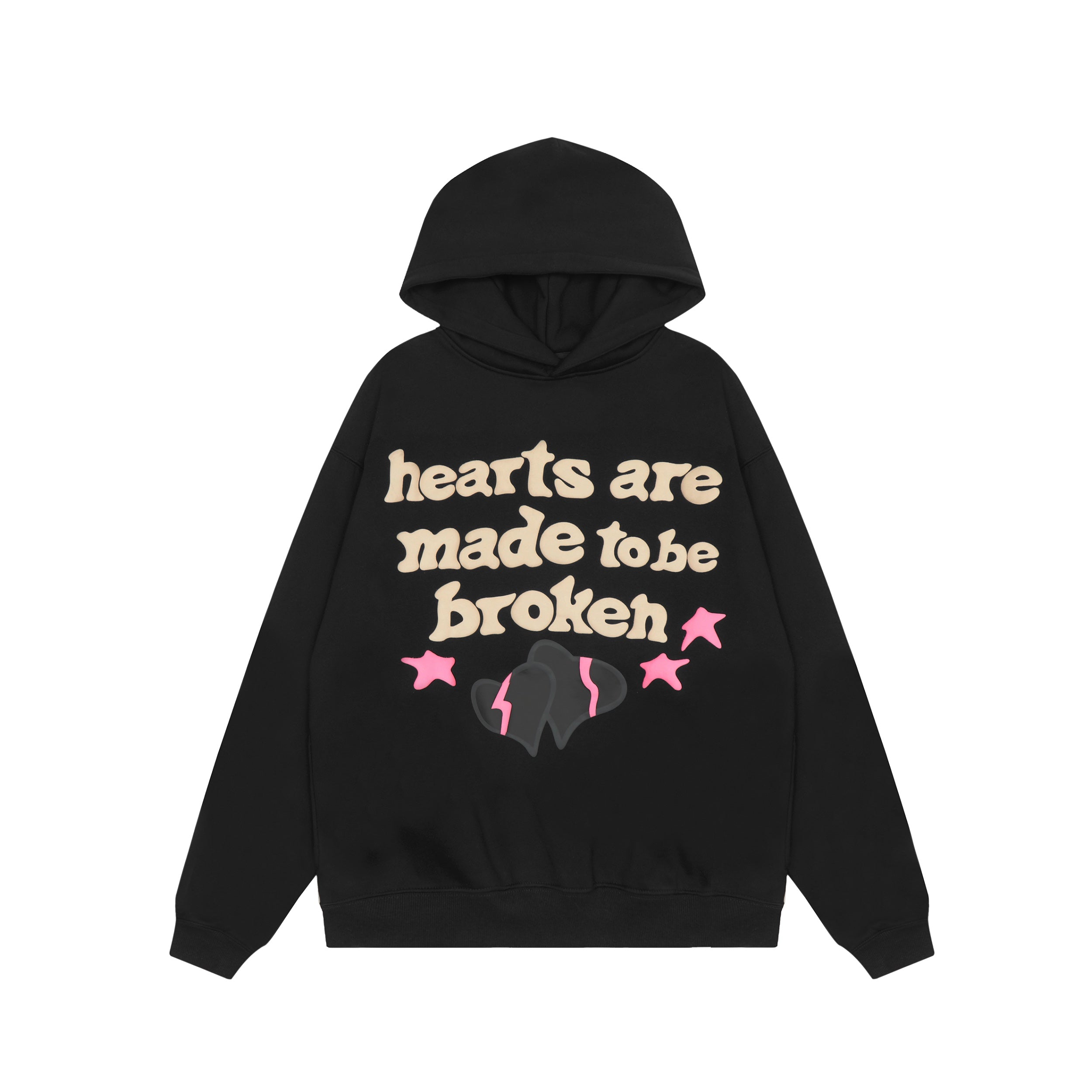 Black hoodie with text and graphic design on a white background