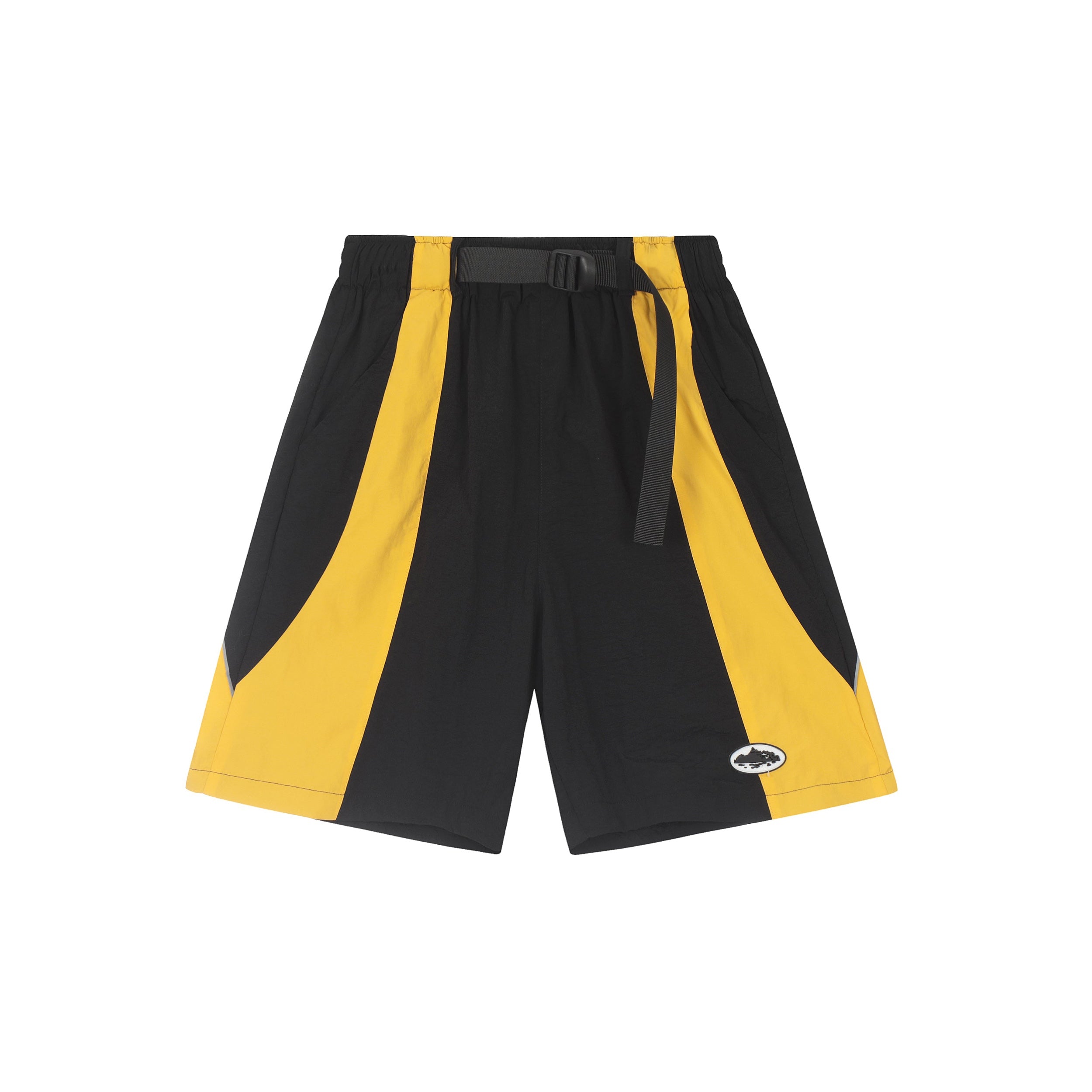 Black and yellow shorts with a belt on a white background