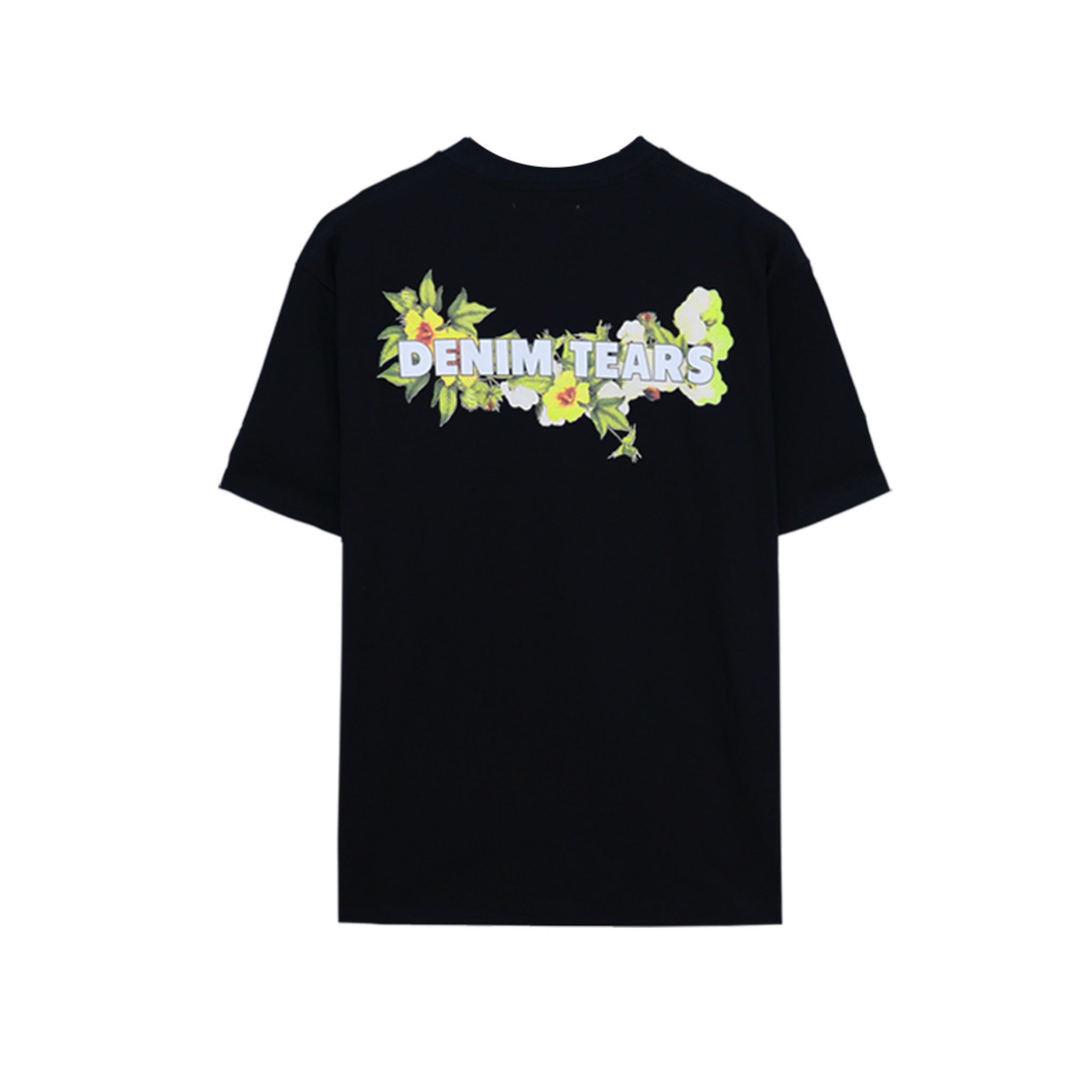 Black t-shirt with 'Denim Tears' text and floral design on a white background