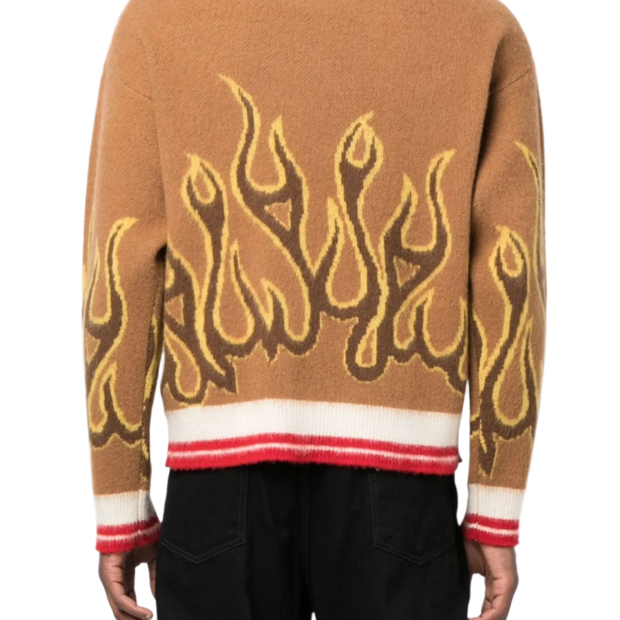 Brown sweater with flame design on the back worn by a person, on a white background